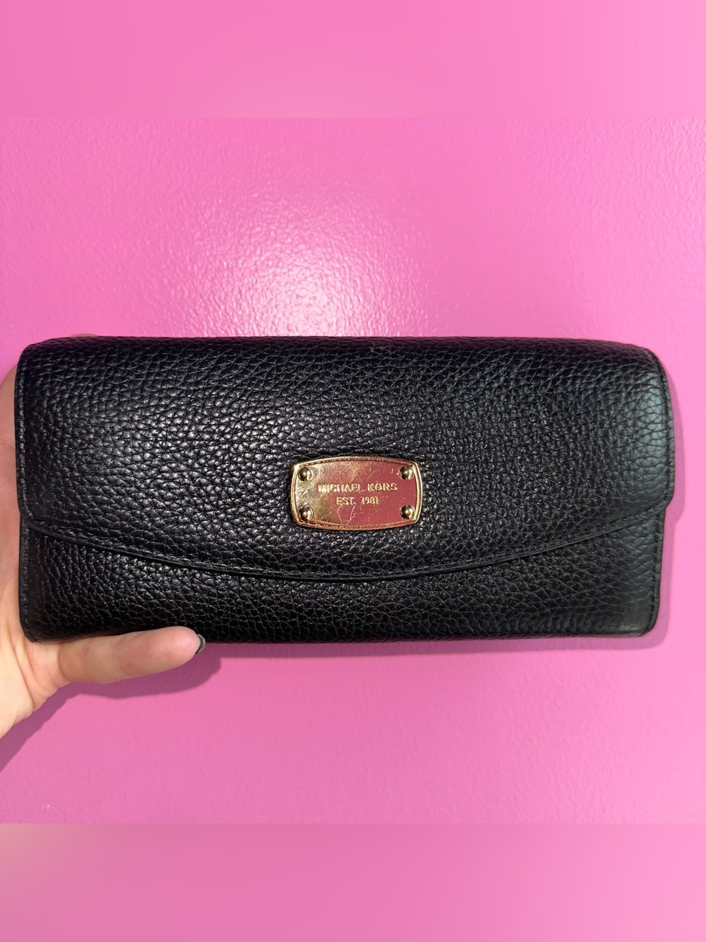 Michael Kors Black Pebbled Leather Jet Set Slim Flap Wallet